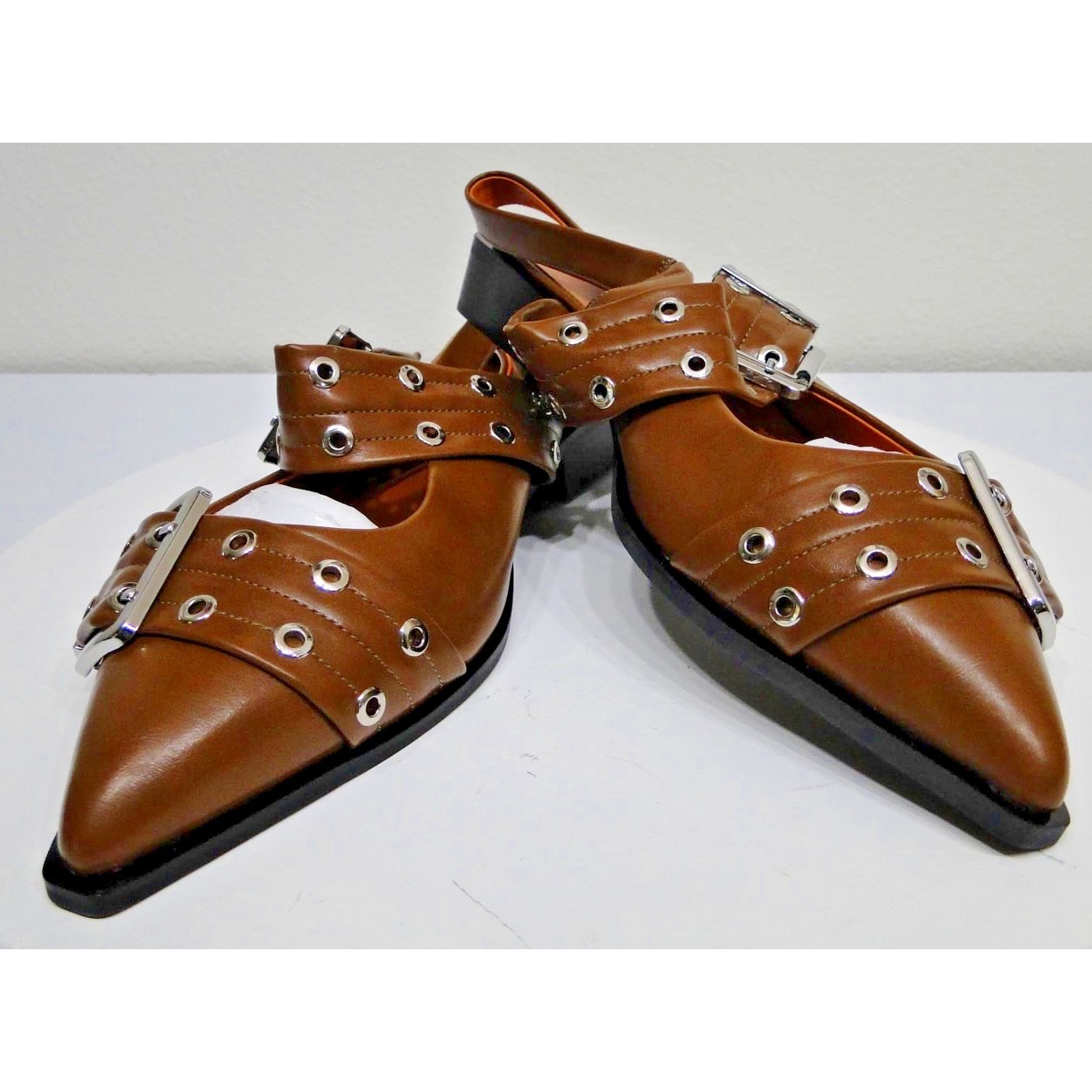 Chunky Buckle Slingback Ballerina Heel Brown Patent Leather Shoes Size 11